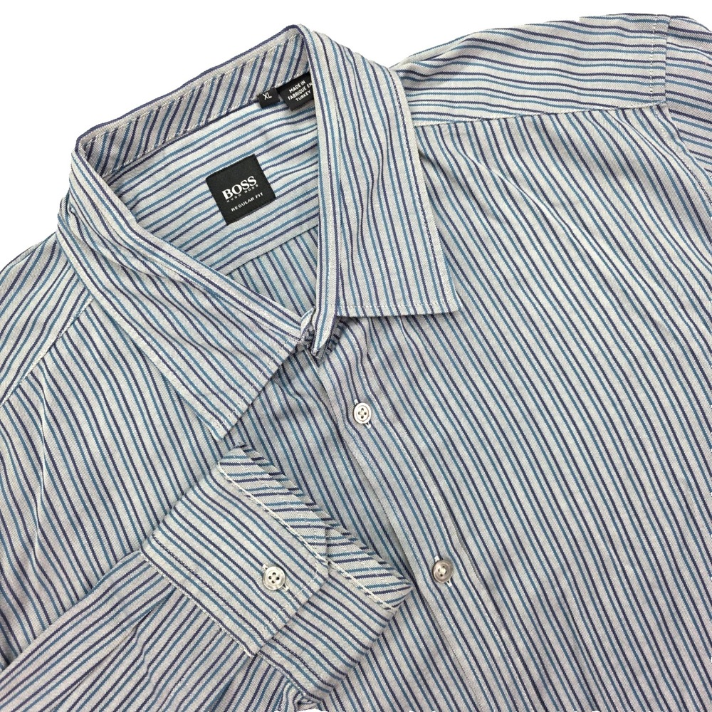 Hugo Boss Regular Fit Mens XL Blue White Striped Cotton Button Down Dress Shirt